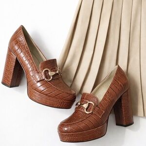 Bamboo Croc Embossed Horsebit Chunky Platform Loafer Heel Brown SZ 9 Y2K Style